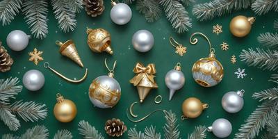 The primary subject of the image is a collection of Christmas ornaments. These ornaments are displayed on a green surface, which could be a table or a wall. The ornaments come in various shapes and sizes, and they are arranged in a visually appealing manner. The setting appears to be indoors, possibly in a home or a store. The visual style of the image is a combination of photo and digital art, creating a festive and warm atmosphere. The colors and mood of the image are predominantly gold and green